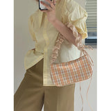 Plaid Fold Drawstring Handbag for Women Girls Small Shoulder Underarm Bag