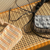 Plaid Fold Drawstring Handbag for Women Girls Small Shoulder Underarm Bag