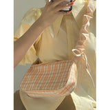 Plaid Fold Drawstring Handbag for Women Girls Small Shoulder Underarm Bag