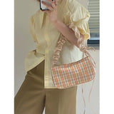 Plaid Fold Drawstring Handbag for Women Girls Nylon Small Shoulder Underarm Bag