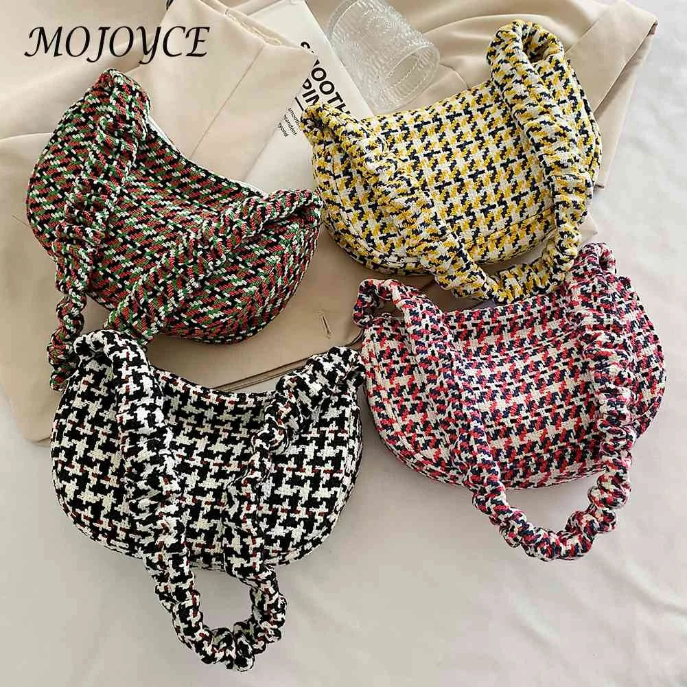 Vintage Plaid Ladies Tote Bag Half Moon Shape Casual Commute Bag