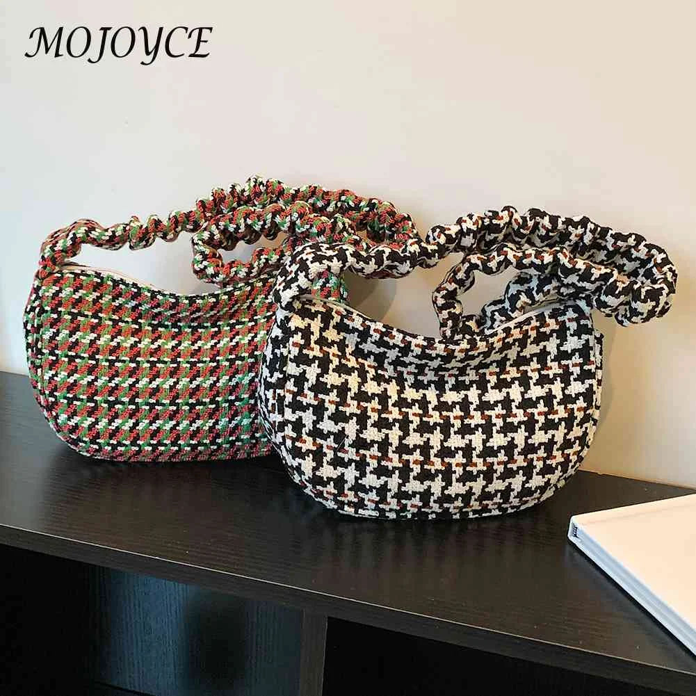Vintage Plaid Ladies Tote Bag Half Moon Shape Casual Commute Bag