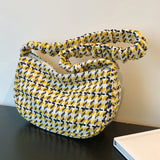 Vintage Plaid Ladies Tote Bag Half Moon Shape Female Hand Bag for Weekend Vacati