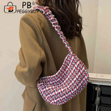 Vintage Plaid Ladies Tote Bag Half Moon Shape Female Hand Bag for Weekend Vacati
