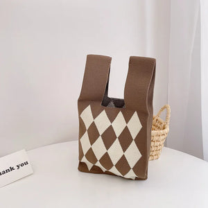 Plaid Pattern Knitted Shoulder Bag Wool Women Tote Large Capcaity Ladies Warm Ha