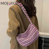 Vintage Plaid Shoulder Bag Half Moon Shape Casual Underarm Bag for Weekend Vacat
