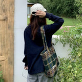 Plaid Shoulder Bags Women Retro Casual Tote Japanese Style Woolen