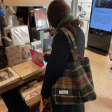Plaid Shoulder Bags Women Retro Casual Tote Japanese Style Woolen