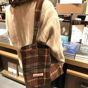 Plaid Shoulder Bags Women Retro Casual Tote Japanese Style Woolen