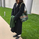 Plaid Shoulder Bags Women Retro Casual Tote Japanese Style Woolen