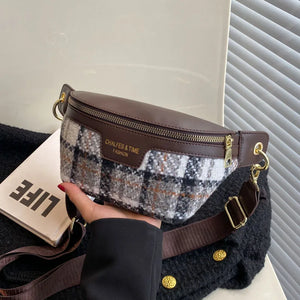 Plaid Waist Bag Women Woolen Fanny Pack Crossbody Chest Bag