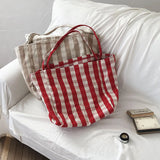 Plaid Women Shoulder Bag Cloth Fabric Shopping Bag Large Capacity Cotton Tote Ca