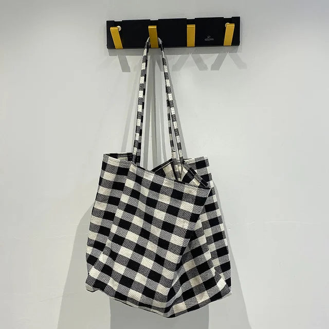 Plaid Women Shoulder Bag Cloth Fabric Shopping Bag Large Capacity Cotton Tote Ca