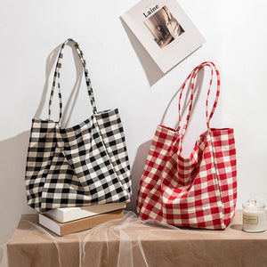 Plaid Women Shoulder Bag Cloth Fabric Shopping Bag Large Capacity Cotton Tote Ca