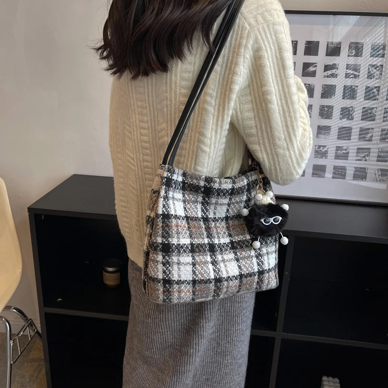 Plaid Women Shoulder Bag Soft Cloth Fabric Handbag Large Capacity Cotton Tote Ba
