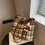 Plaid Women Shoulder Bag Soft Cloth Fabric Handbag Large Capacity Cotton Tote Ba