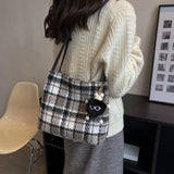 Plaid Women Shoulder Bag Soft Cloth Fabric Handbag Large Capacity Cotton Tote Ba