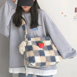 Plaid Wool Women Bags Autumn Winter Lamb Hair Tote Bag Large Capacity Shoulder