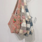 Plaid Wool Women Bags Autumn Winter Lamb Hair Tote Bag Large Capacity Shoulder