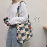 Plaid Wool Women Bags Autumn Winter Lamb Hair Tote Bag Large Capacity Shoulder