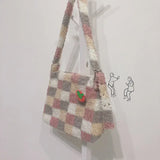 Plaid Wool Women Bags Autumn Winter Lamb Hair Tote Bag Large Capacity Shoulder