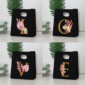 Plant Letter Print Lunch Bag Thermal Insulated Bento Box Tote Cooler Handbag