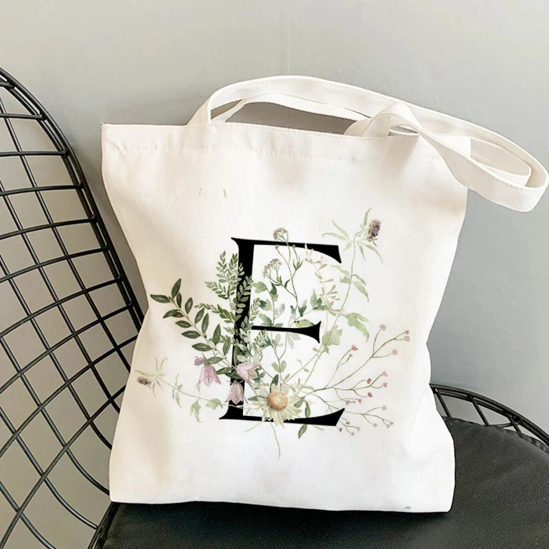Plant Print Canvas Bag Women's Shoulder Bag Cotton Letter Shopping Shopper