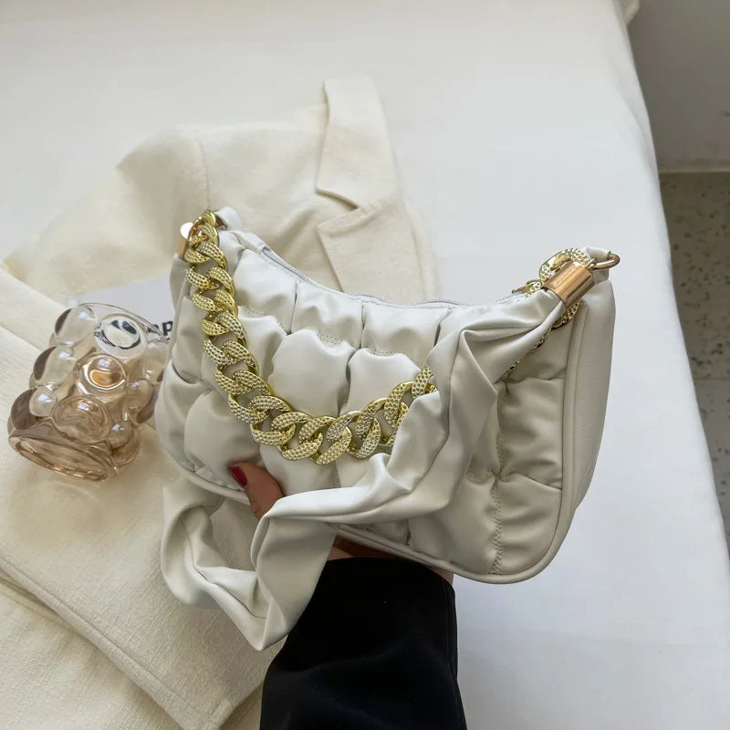Pleated Cloud Bag Embroidery Shoulder Bag Chains Underarm Bag