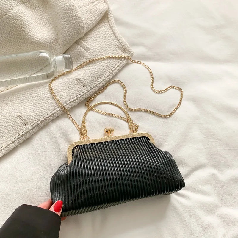Pleated Messenger Bag Chain Purse Metal Handle Handbag Tote Bags for Women