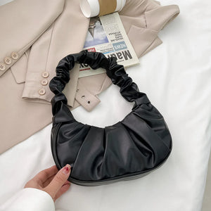 Pleated PU Shoulder Bag Women Large Top-handle Summer Armpit Solid Handbag