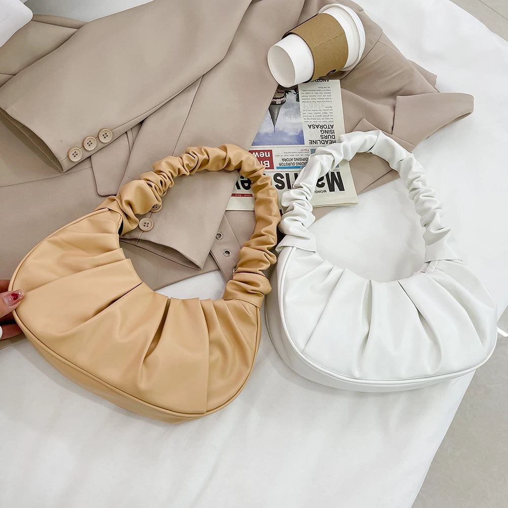 Pleated PU Shoulder Underarm Bag Women Large Top-handle Vintage Solid Handbags