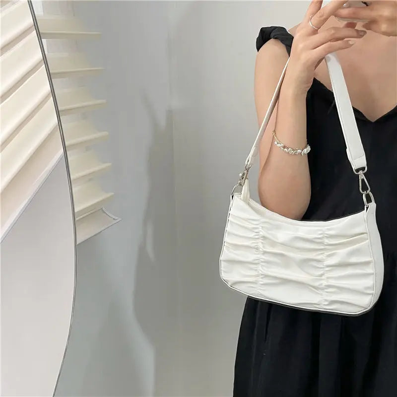Pleated Shoulder Bags Women Solid Casual Underarm Streetwear Handbags Zipper
