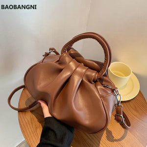 Pleated Tote Bag PU Leather Women's Handbag Solid Shoulder Messenger Purse