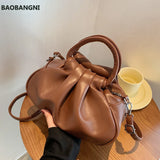Pleated Tote Bag PU Leather Women's Handbag Solid Shoulder Messenger Purse