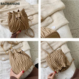 Pleated Crossbody Bag Tassel Bucket Handbag Chain Tote