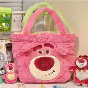 Plush Bear Double Sided Handbags Female Cartoon Shopping Bags Shoulder Bag