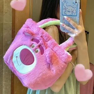 Plush Bear Double Sided Handbags Female Cartoon Shopping Bags Shoulder Bag