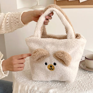 Plush Bear Small Shoulder Bag Women's Double Side Faux Lamb Wool Tote Handbag