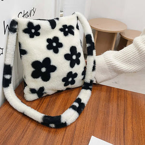 Flower Printed Shoulder Bag Tote 2021Autumn Soft Plush Fluffy Shopper Handbag