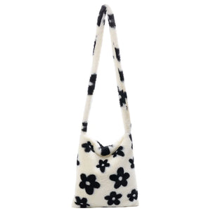 Flower Printed Shoulder Bag Tote 2021Autumn Soft Plush Fluffy Shopper Handbag