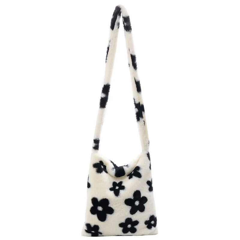 Flower Printed Shoulder Bag Tote 2021Autumn Soft Plush Fluffy Shopper Handbag