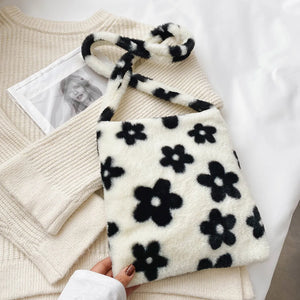Women's Winter Soft Flower Print Shoulder Bag Purse Handbag Tote