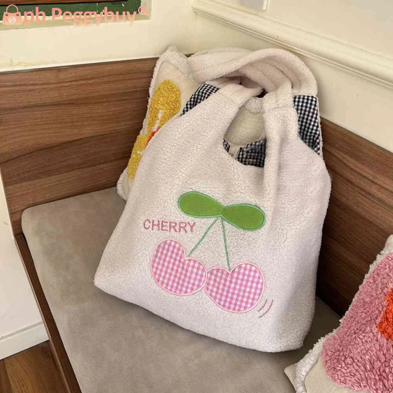 Fluffy Shopping Bag Cherry Cartoon Autumn Winter Student Book Bag