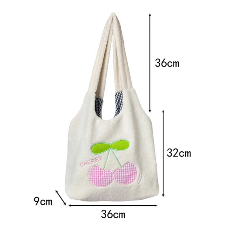 Fluffy Shopping Bag Cherry Cartoon Winter Soft Casual Book Bag