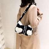 Plush Fluffy Tote Bag Love Heart Printed Underarm Bags