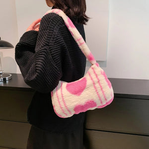 Plush Fluffy Tote Bag Love Heart Printed Underarm Bags