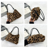Leopard Plush Top-handle Bag for Women Casual Autumn Winter Commute Shopping