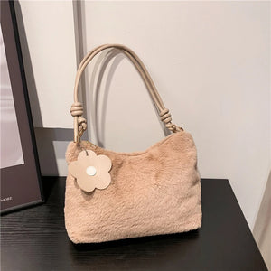 Plush Lady Crossbody Bag with Flower Pendant
