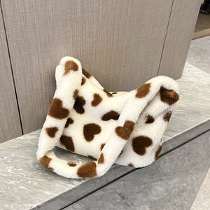 Love Heart Print Fluffy Shoulder Bag Soft Casual Portable for Party