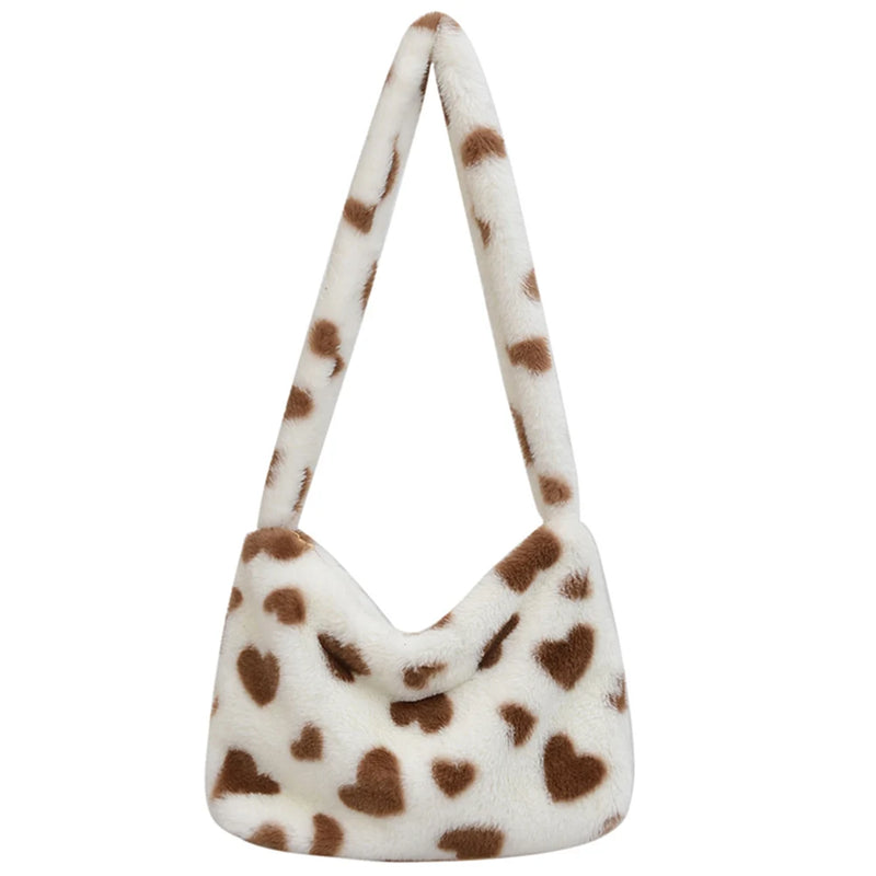 Heart Print Fluffy Hand Bag Soft Portable for Party